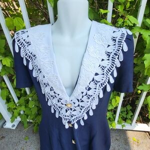"Classic Lace Collar" Elegant Navy Blue Dress with White Lace Trim